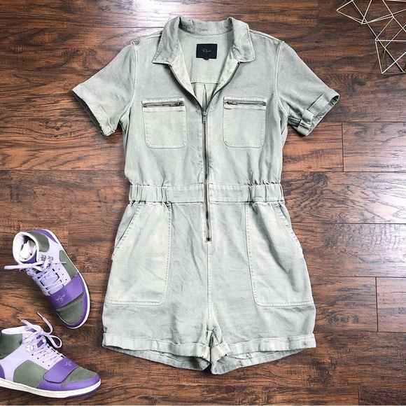 Rails • Effie Utility Romper shortalls playsuit Seagrass sage green twill zip - Picture 2 of 12
